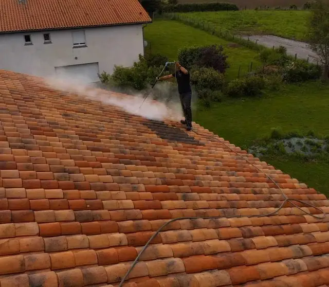 Démoussage vapeur d'un pavillon sous les pins, quartier du Beillet